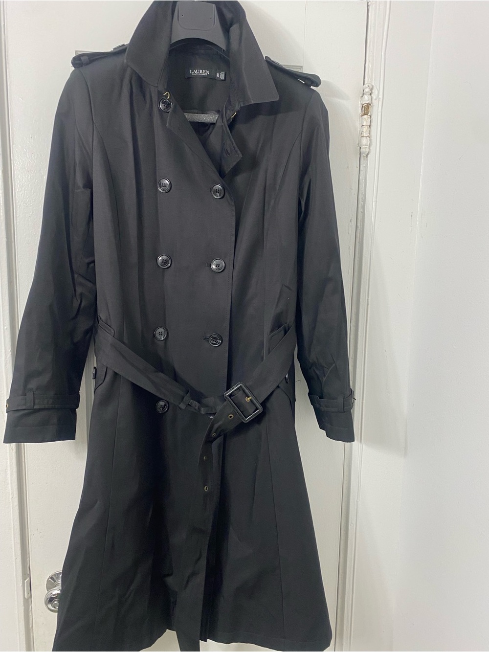 Lauren Ralph Lauren Black Double-Breasted Trench Coat with Epaulettes